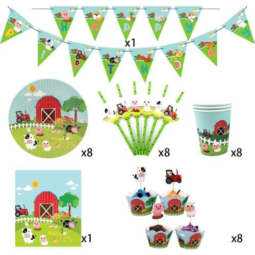 Farm Animals Pig Cow theme 42pcs for 8kids birthday party supplie tableware set, plate+straw+glass+banner+invitation ect