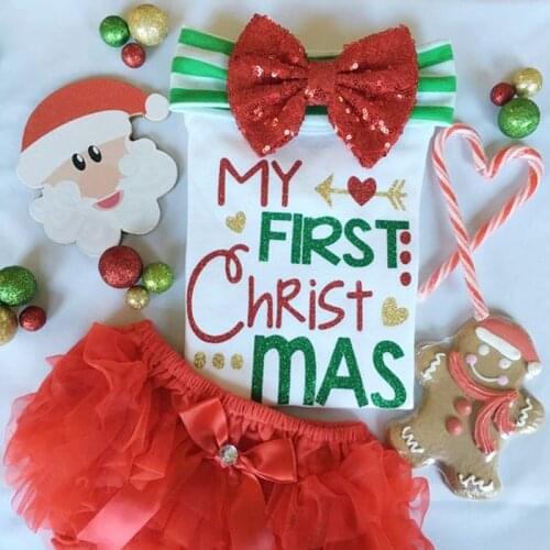 FOCUSNORM 2pcs Christmas Baby Girls Boys Clothes Sets 0-24M Xmas Letter Print Long Sleeve Romper Lace Tutu Shorts