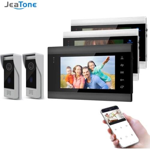 Jeatone 7 Inch Wireless Wifi Smart IP Video Door Phone Intercom System with 3 Night Vision Monitor + 2 Rainproof Doorbell Camera
