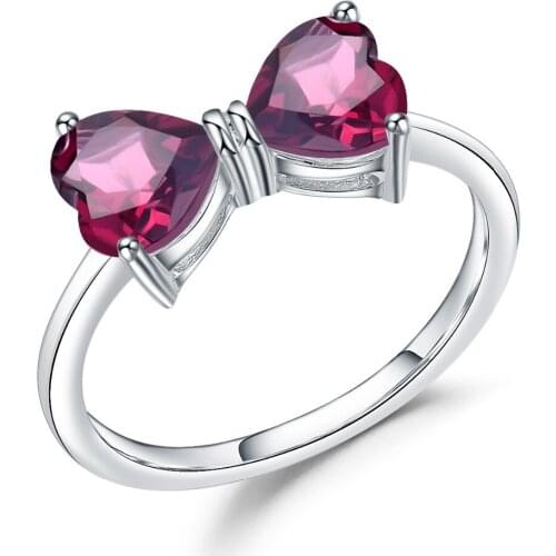 GEMS BALLET 925 Sterling Silver Bow Knot Ring For Women 1.68Ct Natural Rhodolite Garnet Heart Ring Valentines Day Gift Jewelry