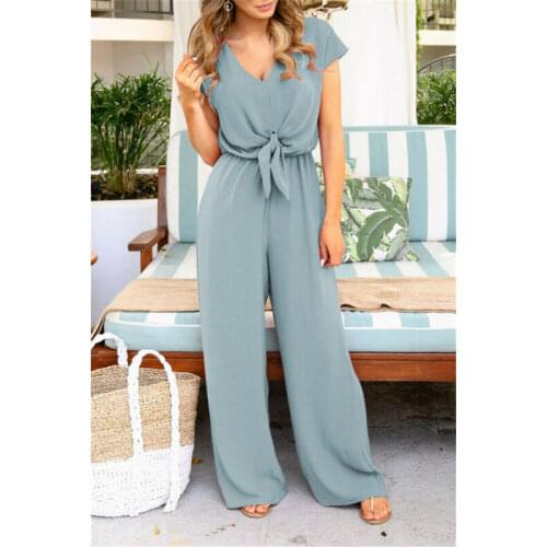 Women V-neck Short Sleeve Backless High Waist Jumpsuit Wide Leg Long Overalls Casual Loose Summer Boho Holiday Beach Jumpsuits