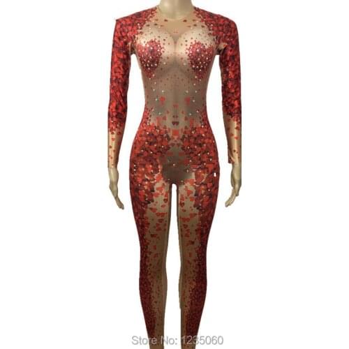 Fashion Red Heart Shape Pattern Jumpsuit Rhinestones One Piece Big Stretch Costume Womens Party Outfit Stage Singer Show Wear