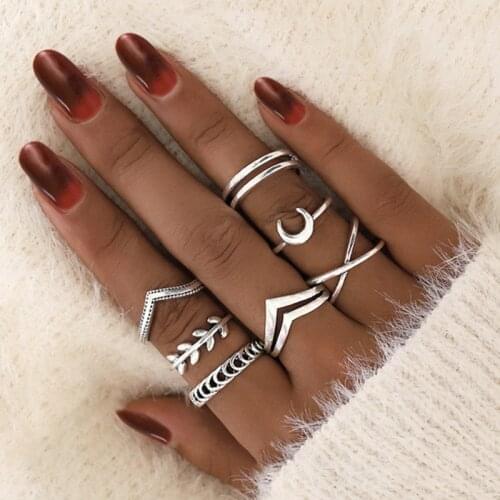DIEZI 7pc/set Vintage Silver Color Moon Leaves Knuckle Joint Rings Set For Women New Arrival Finger Rings Jewelry 2019 New