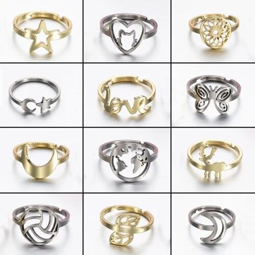 WANGAIYAO new stainless steel geometric retro ring female opening adjustable star and moon small animal fashion jewelry ring bra