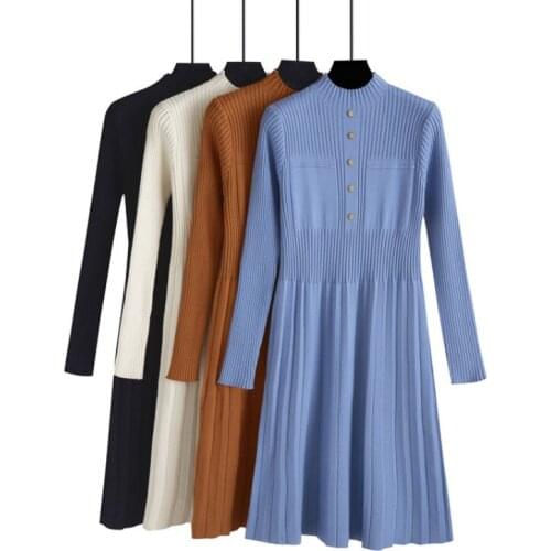 Fall Winter Slim Knitted Dresses Women 2020 Ladies Long Sleeve Midi Dress Elegant Black Single-breasted Casual Dress Women