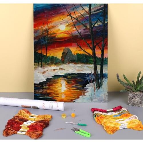 December Winter Sunset Pre-Printed 11CT Cross Stitch Full Kit DIY Embroidery DMC Threads Knitting Craft Handmade Jewelry