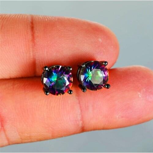 Rainbow Round Stone Earrings Simple Fashion Multicolor Crystal Zircon Stud Earrings For Women Vintage Black Gold Wedding Earring