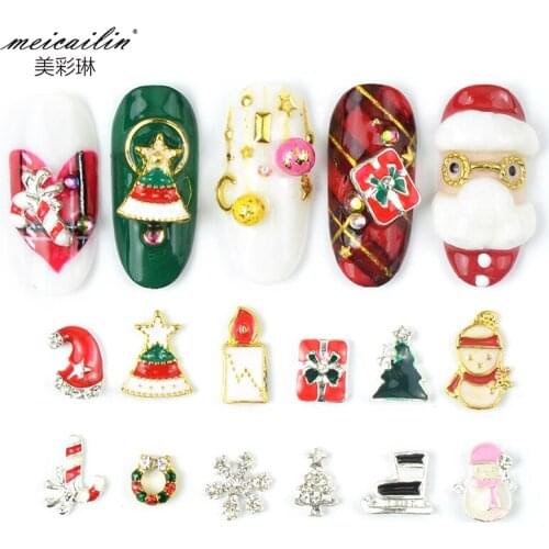Most Popular 1 Box 12 designs 3D Tips Christmas Nail Art Decoration Alloy Jewelry Glitter Rhinestones Snowman DIY Tools Manicure