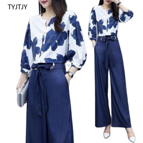 Tracksuit Women Fashion suit Female 2021 spring and Summer New shirt 2 piece set Women printed casual wide-leg pants suit