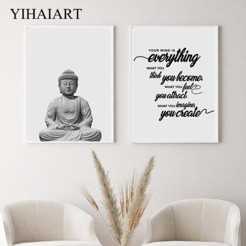 Zen Buddha Statue Canvas Wall Art Print Motivational Quostes Poster Black White Picture Buddhism Painting Modern Home Decoration
