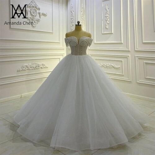 Wholesale Good Price Off Shoulder Floor-length Beaded Wedding Dress