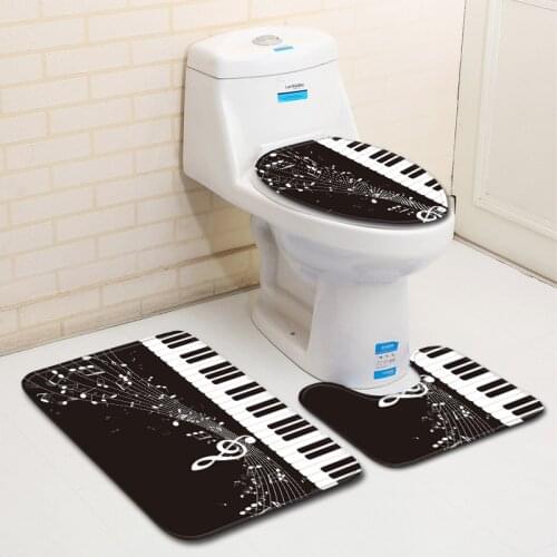 Toilet Bath Mat Sets 3D Piano Print Carpet Geometric Solid Black And White Pattern Rug Bathroom Rugs Flannel Anti Slip 3 Pieces