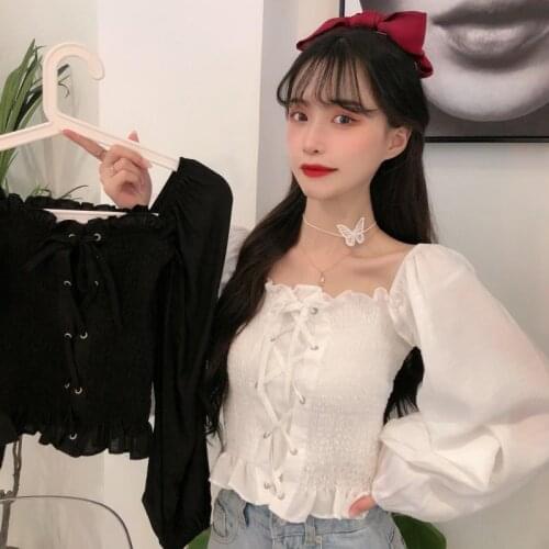 Women Blouse Womens off-Shoulder Stretch Chiffon Shirt with Square Collar in Autumn Blusas Ropa De Mujer