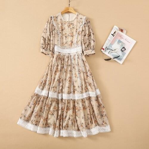European and American womens wear for summer 2021 Cuff stitching lace flower print Fashion pleated dress