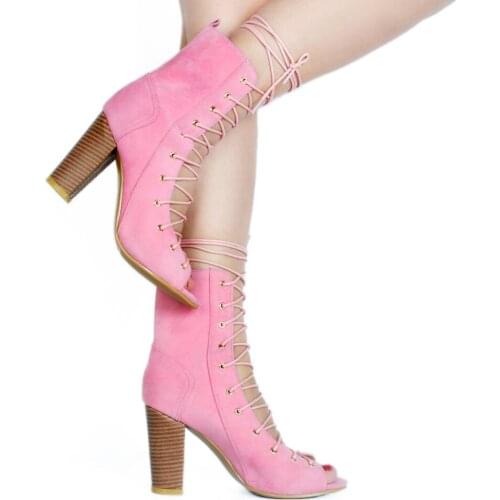 New Design Women Chelsea Ankle Boots pink Open Toe High Heels Shoes Spring Autumn Woman Lace Up Ankle Boots Size