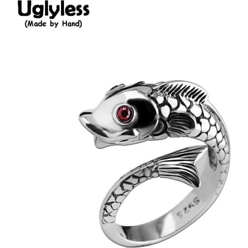 Uglyless Handmade Fishes Open Rings for Women Thai Silver Rings Bijoux Solid Real 925 Silver Animal Vintage Fashion Fish Jewelry