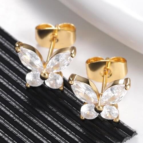 Vintage Crystal Butterfly Stud Earrings For Women Fashion Jewelry Simple Elegant Gold Color Ear Metal Party Gifts