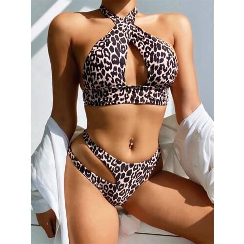 Sexy Hollow Out Leopard Swimsuit Women Bikini Set 2021 Cross Neck Bandage Swimwear Push Up 2 Pieces Swimming Suit For Women