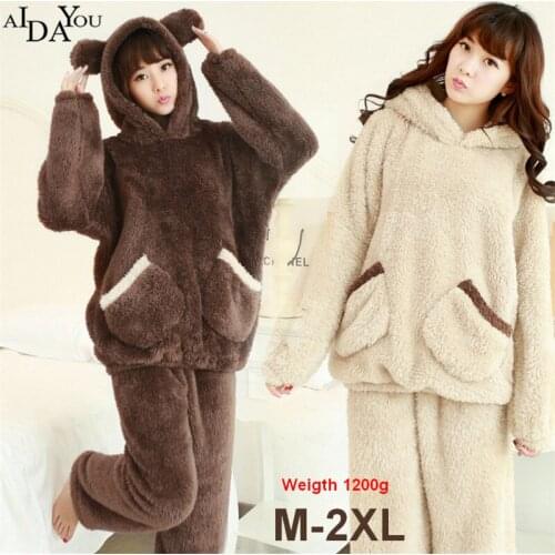 Women pajamas set winter 2 pieces sets thick cute kawaii cartoon bear Korean soft sleeping cloth sets hooded ouc1664