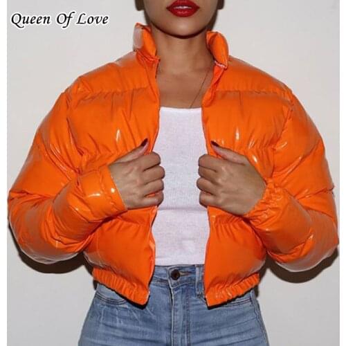 Women Orange PU Leather Down Jackets And Coats 2020 Winter Female Warm Elegant Zipper Short Coat Jacket Outwear