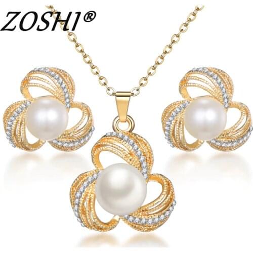 ZOSHI Simulated Pearl Bridal Jewelry Sets Crystal Fashion Golden Plated Jewelry Flower Necklace Stud Earrings Sets for Women