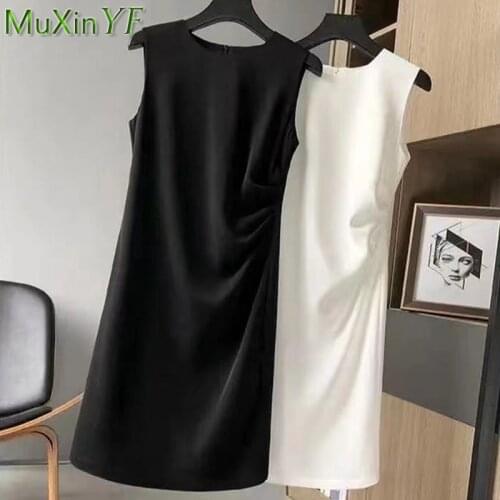 2021 Summer Womens Solid White Short Dress Office Lady Graceful Simple Joker O-Neck Sleeve Black Slim Sleeveless Dress Female