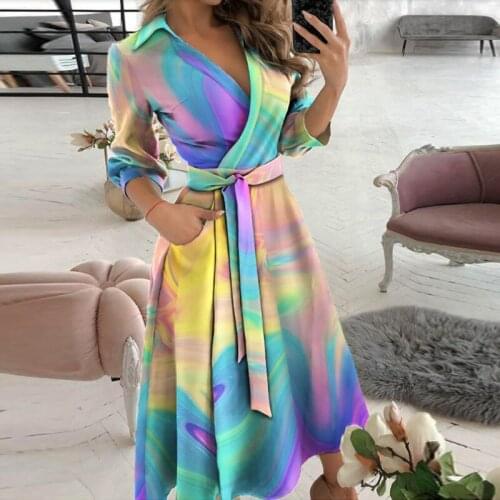 Women Casual Sashes A-Line Wrap Dress Summer Office Lady Print Long Sleeve V-Neck Dress Pocket Elegant Midi Party Dress Vestidos