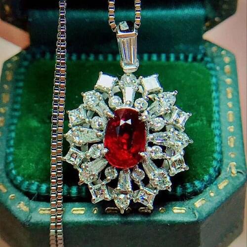 Vintage Luxury Red Crystal Ruby Gemstones Diamonds Pendant Necklaces for Women White Gold Silver Color Jewelry Bijoux Party Gift