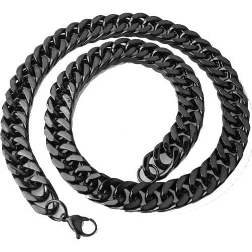 15MM Fashion Stainless Steel Black Color Double Cuban Curb Chain Mens Womens Necklace Or Bracelet Bangle Hot Jewelry 7-40inch