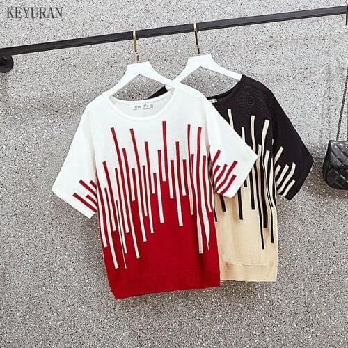 3XL Plus size Womens Summer Thin Sweaters T Shirt Loose Bat Short-sleeved Oversize Ice Silk Knitted Color Matching Top Female