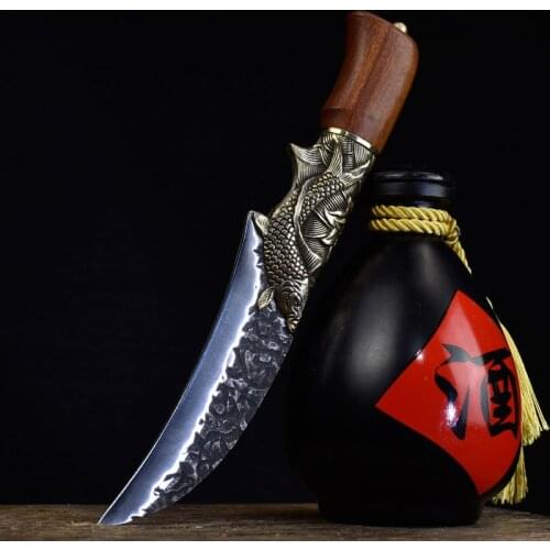 5.5" Handmade Viking Knife 7Cr17CoMoV High Carbon Steel Sharp Paring Grapefruit Peeling Boning Kitchen Knives Copper Fish Decor