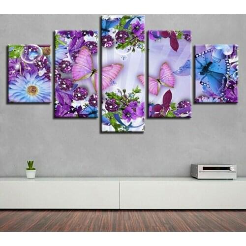 Colorful Butterfly and Flower 5 Panel Canvas Picture Print Wall Art Canvas Painting Wall Decor for Living Room Poster No Framed