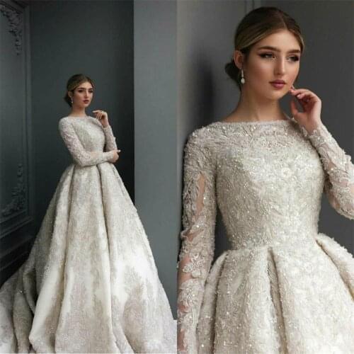 Arabic Aso Ebi Wedding Dress vestidos de novia Lace Appliques Long Sleeve Sequined Bridal Gowns Vintage robe de mariage