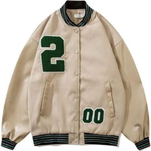 Hip-Hop Baseball Uniform Men/Women Stand Collar Embroidery PU Sleeve Splicing Single-Breasted Casual Loose Vintage Bomber Jacket