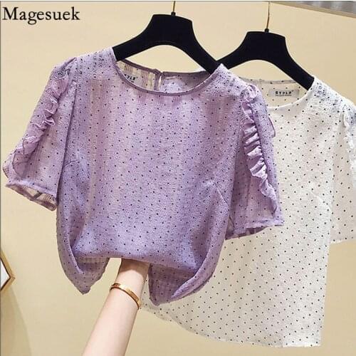 Casual Korean Short Sleeve Blouse Women Top Summer Sweet Polka Dot Chiffon Shirt Women Female Fashion O Neck White Blusas 15225