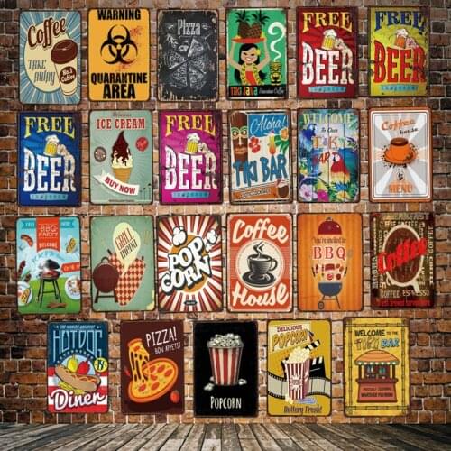 [ DecorMan ] HOT DOG Porcorn PIZZA FREE BEER Tin Signs Custom wholesale Metal Paintings Bar PUB Decor Y-2