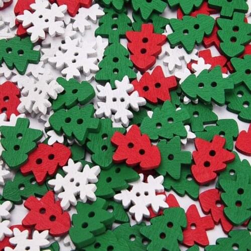 100Pcs Christmas Wooden Buttons Tree Snowflake 2 Holes Sewing Charms DIY Crafts