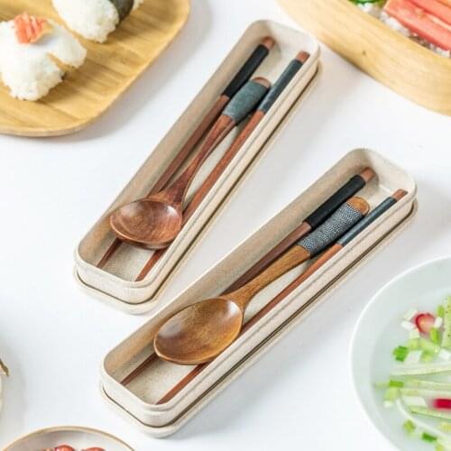 Wooden Portable Tableware Set Travel Dinner Set Spoon Chopsticks Environmentally Friendly Dinnerware With Box Kid School Cutlery