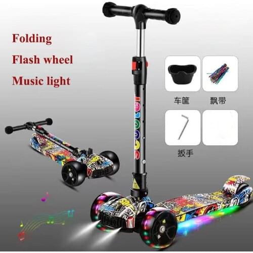 Childrens Scooter Fashion Student Three-Wheel Scooter Cartoon Graffiti Water Transfer Flash Foldable Childrens Scooter