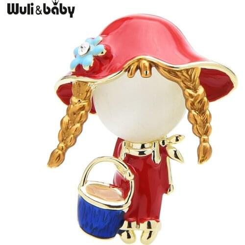 Wuli&baby Enamel Opal Girl Brooches Women 3-color Lovely Carrying Bucket Girl Figure Office Party Brooch Pins Gifts