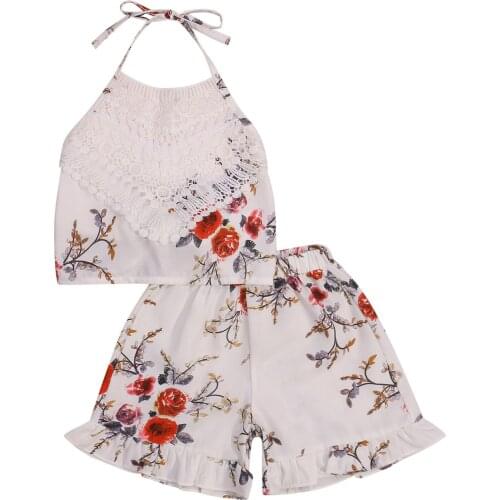 FOCUSNORM 1-7Y Summer Fashion Kids Girls Clothes Sets Lace Flowers Printed Strap Sleeveless Vest Tops Shorts 2pcs