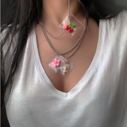 INS Cute Flower Cherry Frust Stainless Steel Choker Necklace Silver Color Trendy Pendant For Women Men Cool Punk Party Jewelry