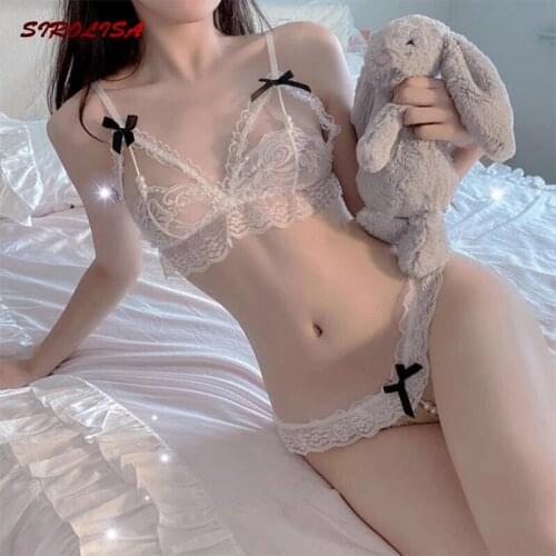 Sexy Lingerie Underwear Bra Set Female Kawaii Lace Top Panties Suit For Women Open Crotch Erotic See Through Cosplay Costumes