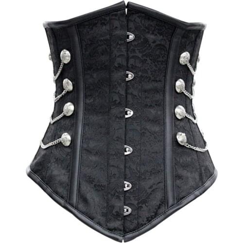 Side Chain Corset Women Underbust Bustier Jacquard Floral Belly Shaper Gorset Top Retro Vintage Waist Slimming Cincher Outfit