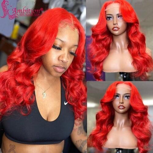 Red Human Hair Lace Wig Pre plucked Loose Wave Glueless Lace Front Wigs Red Wave Lace Front Wig Bleached Knots