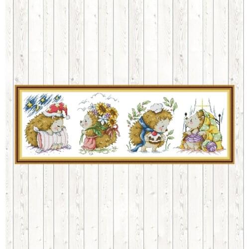 Happy Little Hedgehog Stamped Cross Stitch Kits Needlework Set 14ct DMC Embroidery Kit 11ct Counted Printed on Canvas DIY Crafts