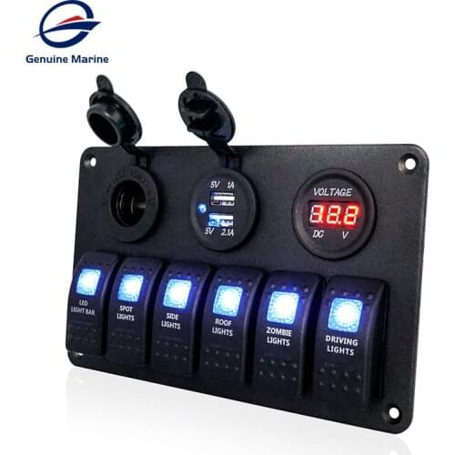 Genuine Marine Car Boat Caravan 6 Gang LED Switch Panel With DC 12V Power Dual USB and Voltmeter