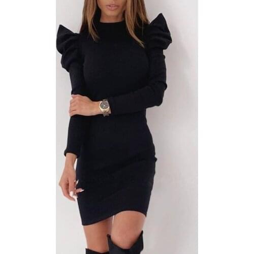 #R40 Puff Sleeve Long Sleeves Dress Women Sexy Solid Half high Collar Tight Bodycon Dress Elegant Ladies Party dresses vestido