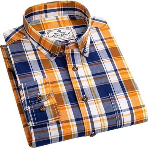 AOLIWEN brand men 100% cotton brushed plaid shirt spring trend casual slightly thicker versatile long sleeve slim fit shirts