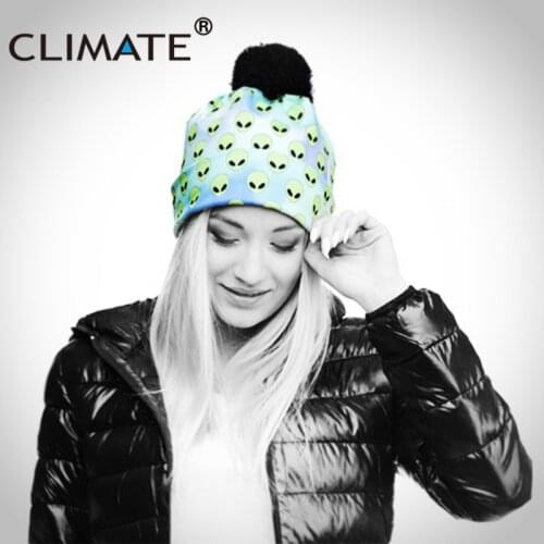 CLIMATE Women Warm Pompon Alien Beanie Hat 3D Printing Aliens ET Girls Pompon Skullies Beanies Unique Colorful Soft Knitted Hat